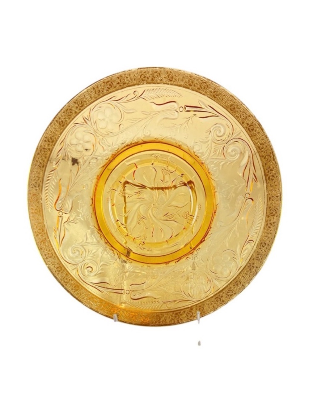 Large 11" Amber Glass Plate Gold Floral Etched Rim Vintage‎ Depression Glass